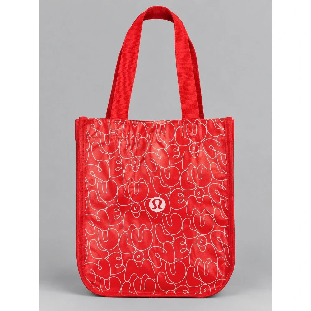 Lululemon Reusable Small Tote Bag Red White Logo Print Snap Closure Shopper